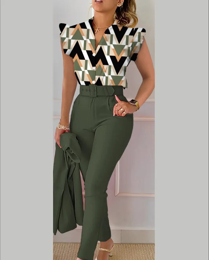 Women Slim Two-Piece Sets Summer Elegant Fashion Print V Neck Button Flying Sleeve Shirt Top & Solid Long Pants Suits With Belt