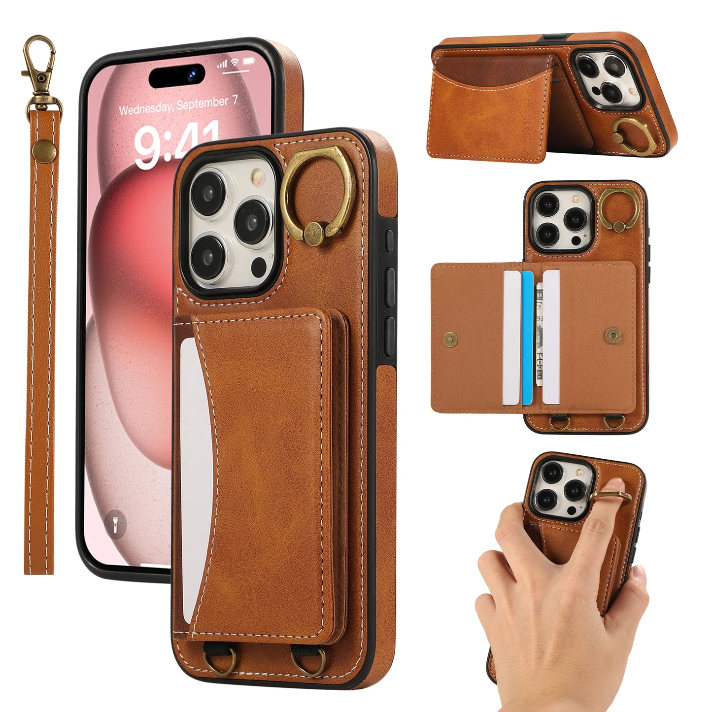 Cards Bag Ring Holder Leather Wallet Case For iPhone 15 Pro Max 14 Plus 13 12 11 XS XR 7 8 SE 2022 Stand Strap Solt Purse Cover