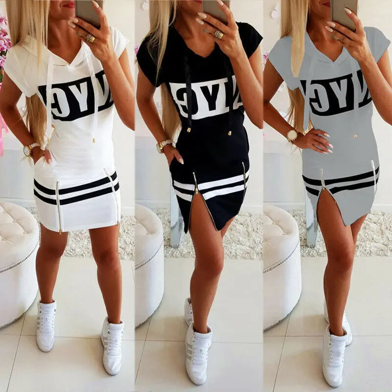 2022 Hooded Women Summer Dress Short Sleeve Letter Print Zipper Bandage Hoodies Lady Casual Sport Bodycon Vestidos Mini Dresses