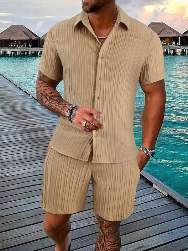 2024 Men's Fashion Summer New Style Casual Solid Color Stripe Suit Male High-Quality Two-Piece Set US Size