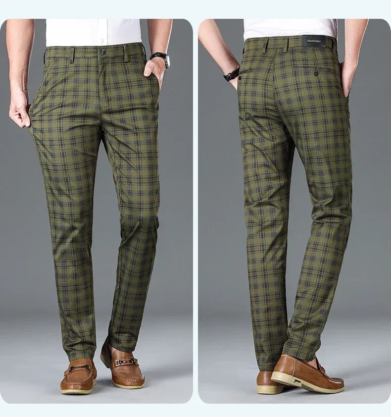 2024 Summer Classic Simple Straight Casual Pants for Men Personalized Checkered Versatile Stretch Business Casual Slim Trousers