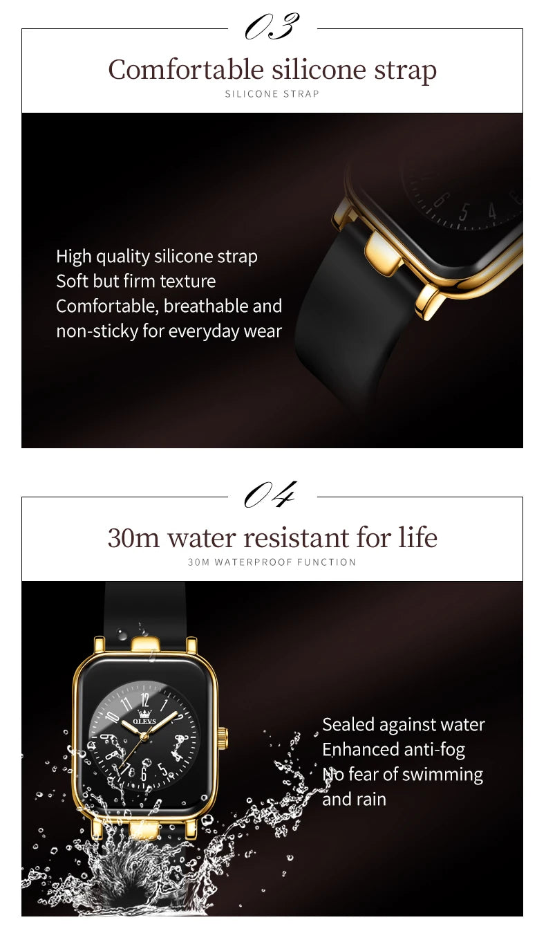 OLEVS Square Dial Ladies' Watches Fashion Casual Waterproof Luminous Watch Simple Silicone Strap Quartz Watch for Women 9961