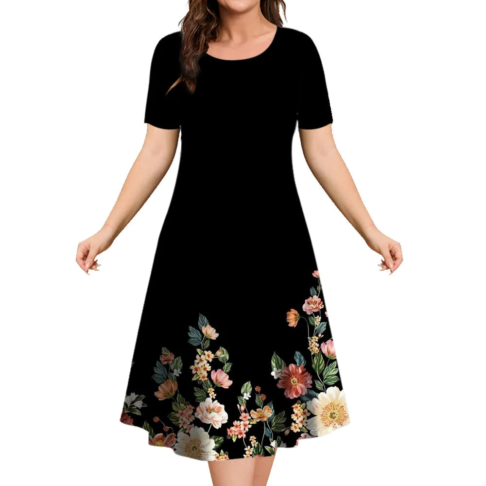 2024 New Floral Graphic Print Women's Dresses Elegant Midi Dresses Summer Dresses Plus Size Female Fashion Free Shipping