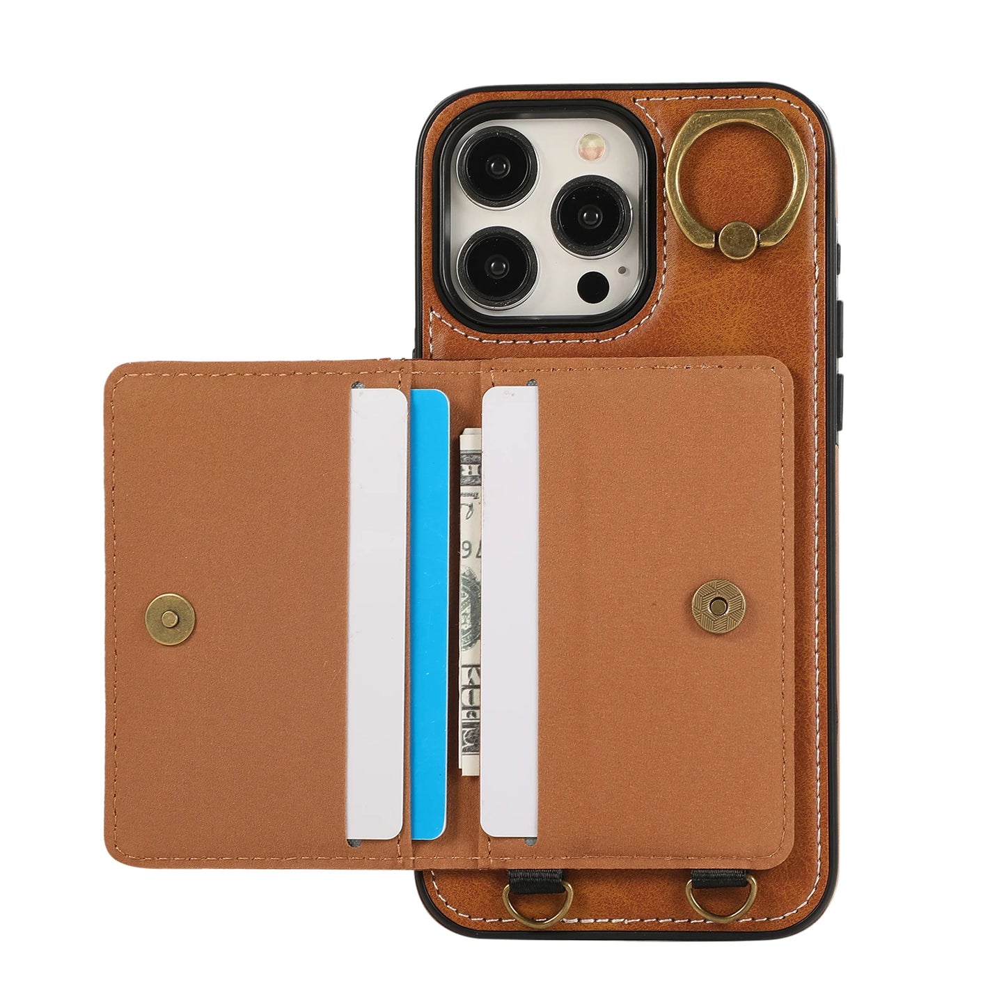 Cards Bag Ring Holder Leather Wallet Case For iPhone 15 Pro Max 14 Plus 13 12 11 XS XR 7 8 SE 2022 Stand Strap Solt Purse Cover