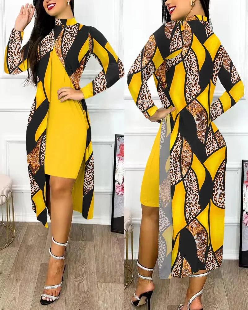 Autumn Winter Women Print 2 Piece Set Dress Fashion Elegant Long Sleeve Female Party Dresses Casual Holiday Robe Femme New