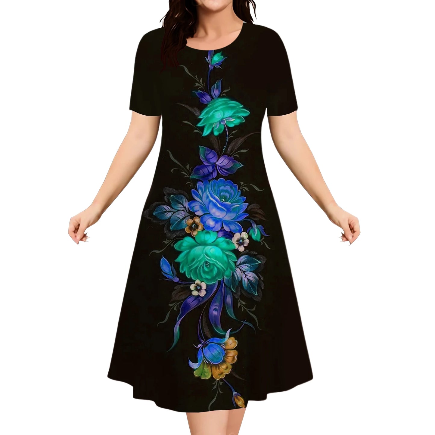 Casual Every Day Wear Flower Print Dress Women Plus Size Short Sleeve Loose Dress Summer Fashion Round Neck Street Elegant Dress