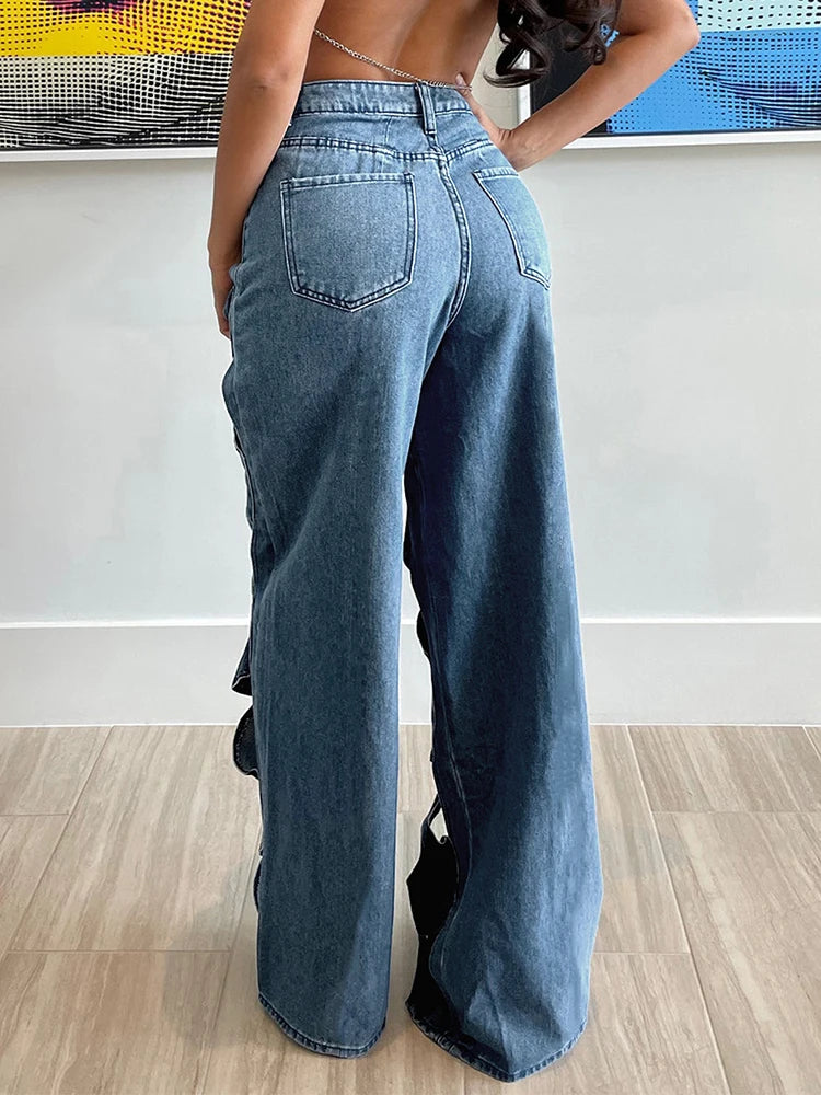 DEAT Trendy New Items Women's Hollow Out Elastic Straight Jeans 2024 Spring Fashion High Waist Buttons Denim Pants Female 33A691