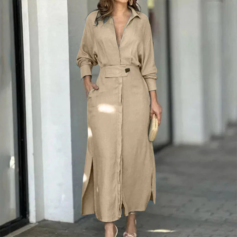 Fashion Dress For Women Luxury Elegant Solid Color Dress 2023 Autumn Party Slip Pockets Long Sleeve Irregular Shirt Dresses