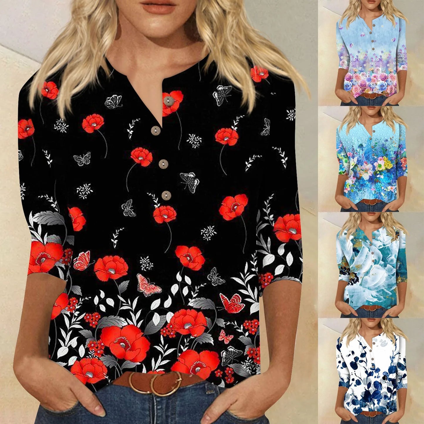 Women's Tops New Button Collar Fashion Print 3/4 Sleeves Retro Print T-Shirt Slim Top Casual Tops