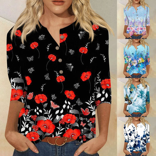 Women's Tops New Button Collar Fashion Print 3/4 Sleeves Retro Print T-Shirt Slim Top Casual Tops