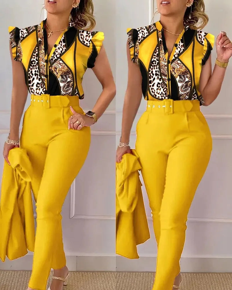 Women Slim Two-Piece Sets Summer Elegant Fashion Print V Neck Button Flying Sleeve Shirt Top & Solid Long Pants Suits With Belt