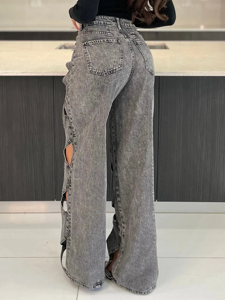 DEAT Trendy New Items Women's Hollow Out Elastic Straight Jeans 2024 Spring Fashion High Waist Buttons Denim Pants Female 33A691