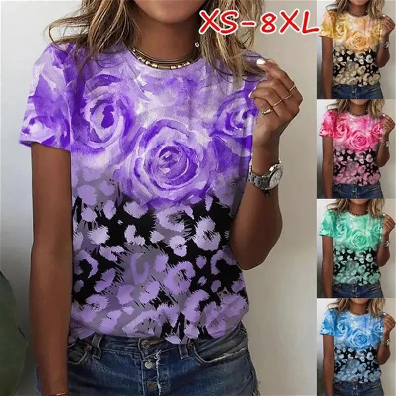 Women's T-Shirts Summer Fashion 3d Flowers Print Short Sleeve Top Female Clothing Oversized Tees Harajuku Graphic T Shirts