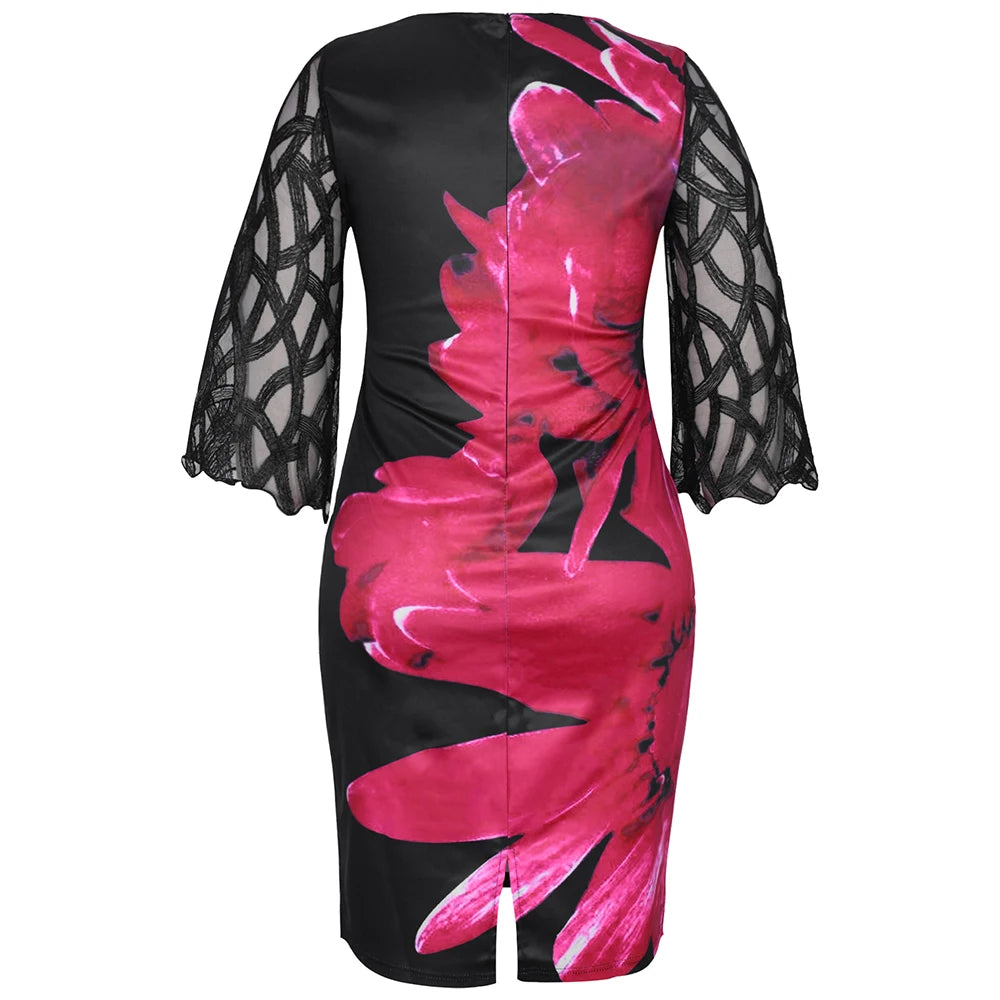 Women's Summer Dress Elegant Floral Print Casual Dress 2022 New Mesh Sleeve Birthday Club Party Dresses 3XL 4XL