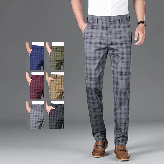 2024 Summer Classic Simple Straight Casual Pants for Men Personalized Checkered Versatile Stretch Business Casual Slim Trousers