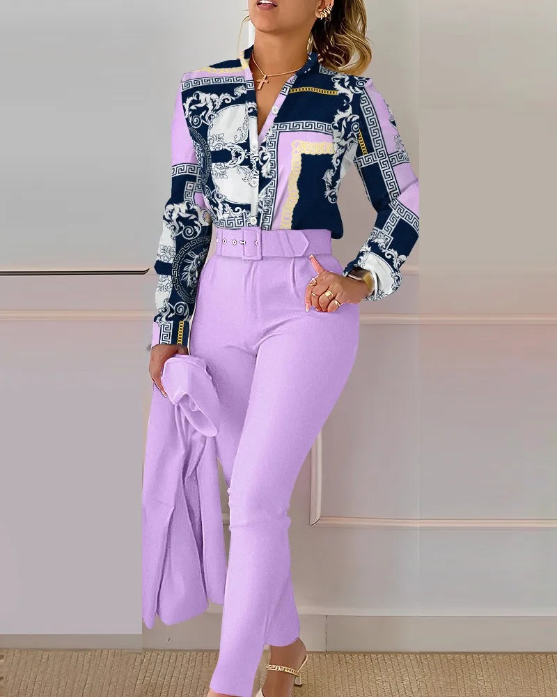 Casual Long Sleeve Shirt Pants Set Office Lady Fashion Elegant V Neck Floral Print Trousers Two Piece Set Women Outfit 2024