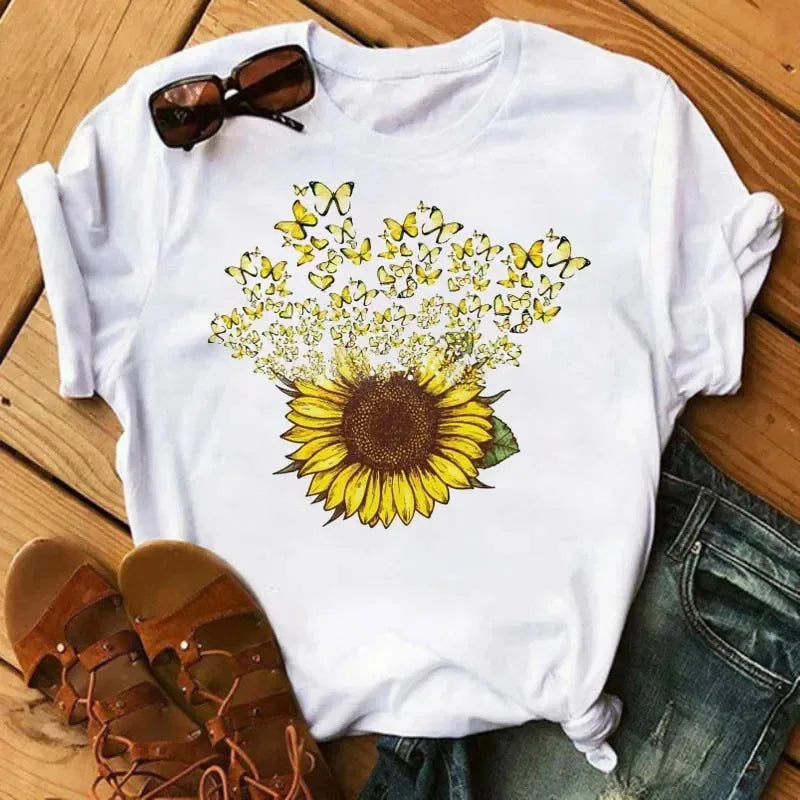 COTTON 100% Casual Cute Sunflower Butterfly Print T-shirt Comfortable Women's Black Top Oversized T Shirt  Graphic Tshirts