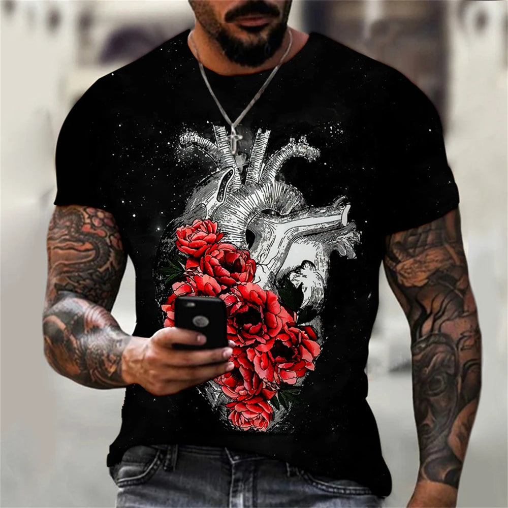 2023 Summer Men T-shirt 3D Graphic Bright Rose Print Vintage T Shirt Men Women Tshirt Casual Short Sleeve O-neck Streetwear