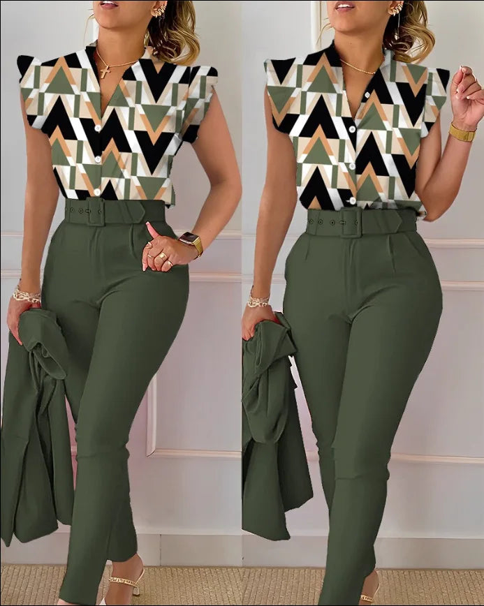 Women Slim Two-Piece Sets Summer Elegant Fashion Print V Neck Button Flying Sleeve Shirt Top & Solid Long Pants Suits With Belt