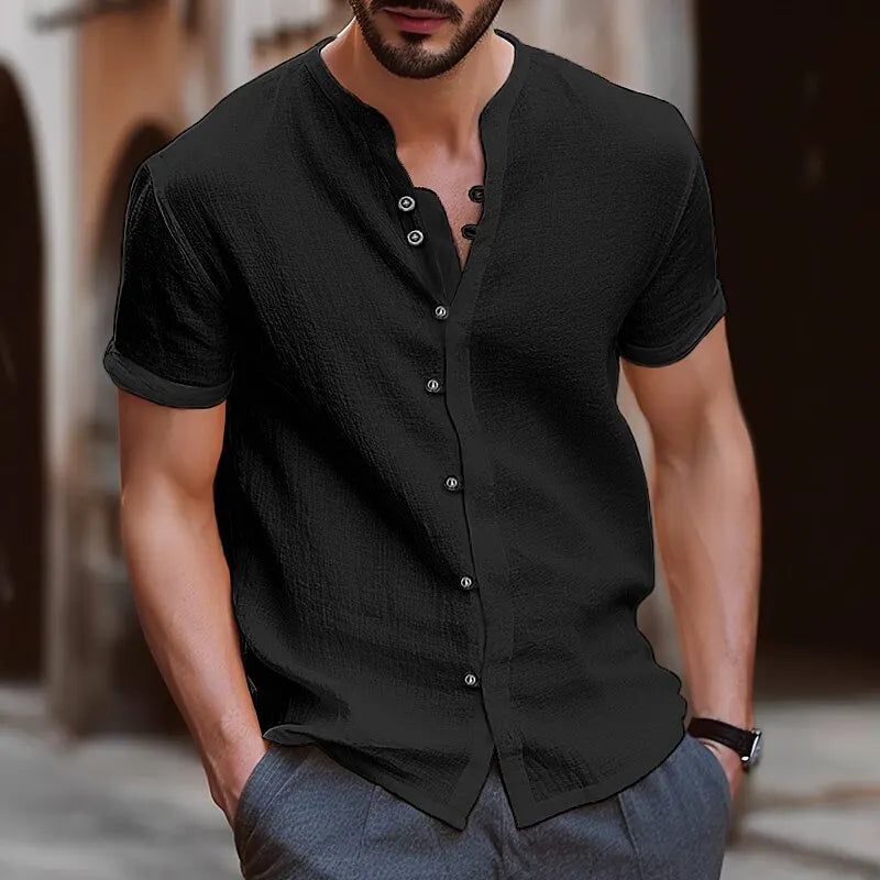 Retro Style Summer Men's Casual Cotton Linen Shirt Mock Neck Solid V-Neck Short Sleeve Loose Top Handsome Shirt US Size