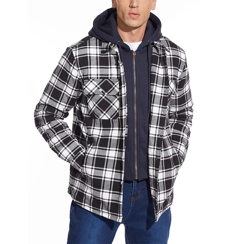 MAGCOMSEN Men's Flannel Shirt Jacket with Removable Hood Plaid Quilted Lined Casual Outerwear Winter Thermal Windbreaker Jackets