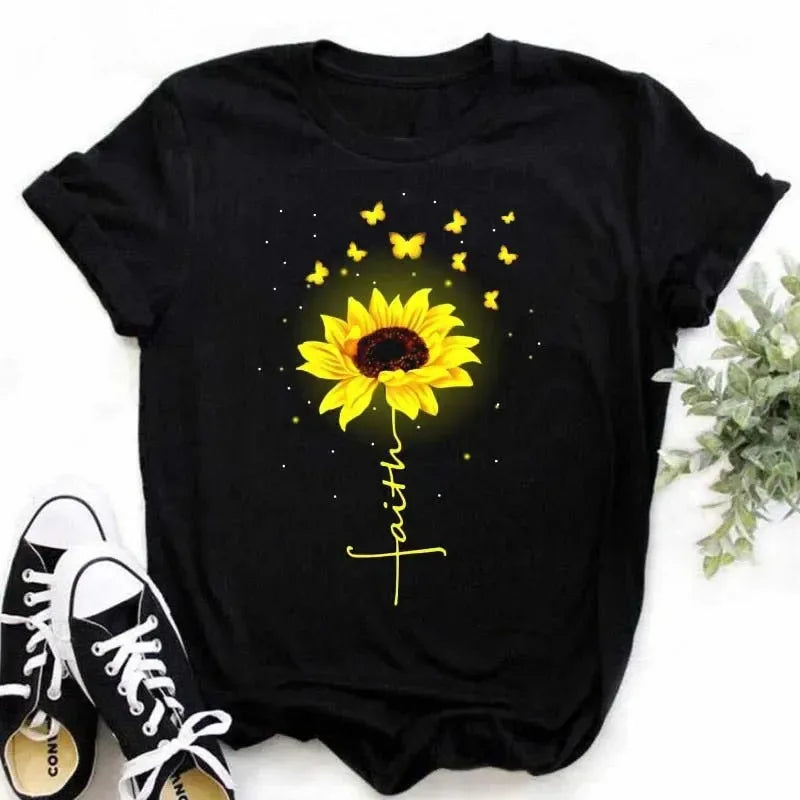 COTTON 100% Casual Cute Sunflower Butterfly Print T-shirt Comfortable Women's Black Top Oversized T Shirt  Graphic Tshirts