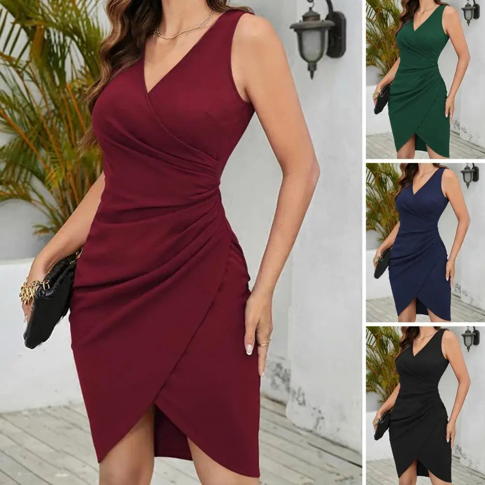 Sexy V Neck Sleeveless Dress Rregular Bodycon Dress For Women Green Red Bule Black Commuter Elegant Party Dresses Vestidos