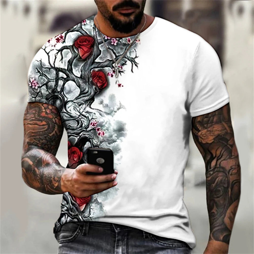 2023 Summer Men T-shirt 3D Graphic Bright Rose Print Vintage T Shirt Men Women Tshirt Casual Short Sleeve O-neck Streetwear