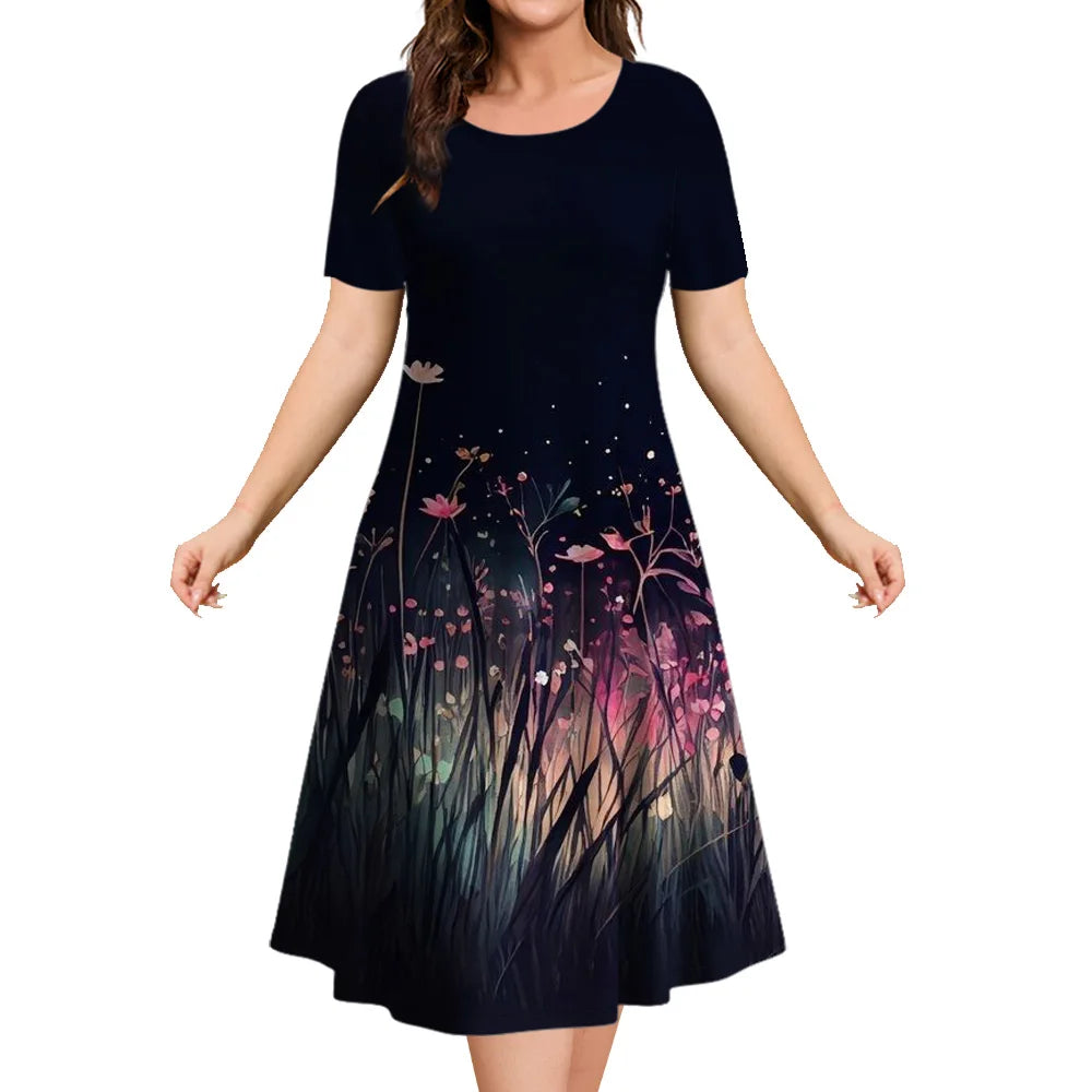 2024 New Floral Graphic Print Women's Dresses Elegant Midi Dresses Summer Dresses Plus Size Female Fashion Free Shipping