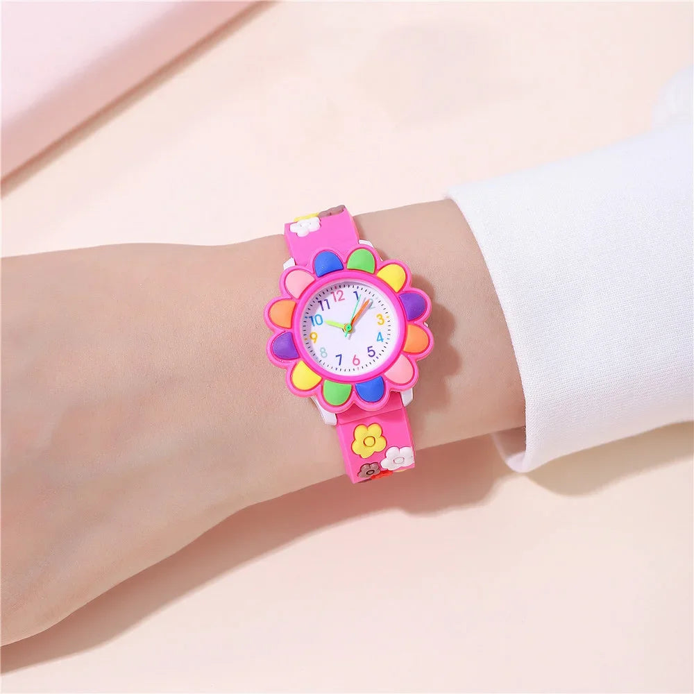 New Colorful Flower Cartoon Watches for Kids Cute Sweet Pink Silicone Strap Quartz Children Wristwatch Girls Watch Gifts