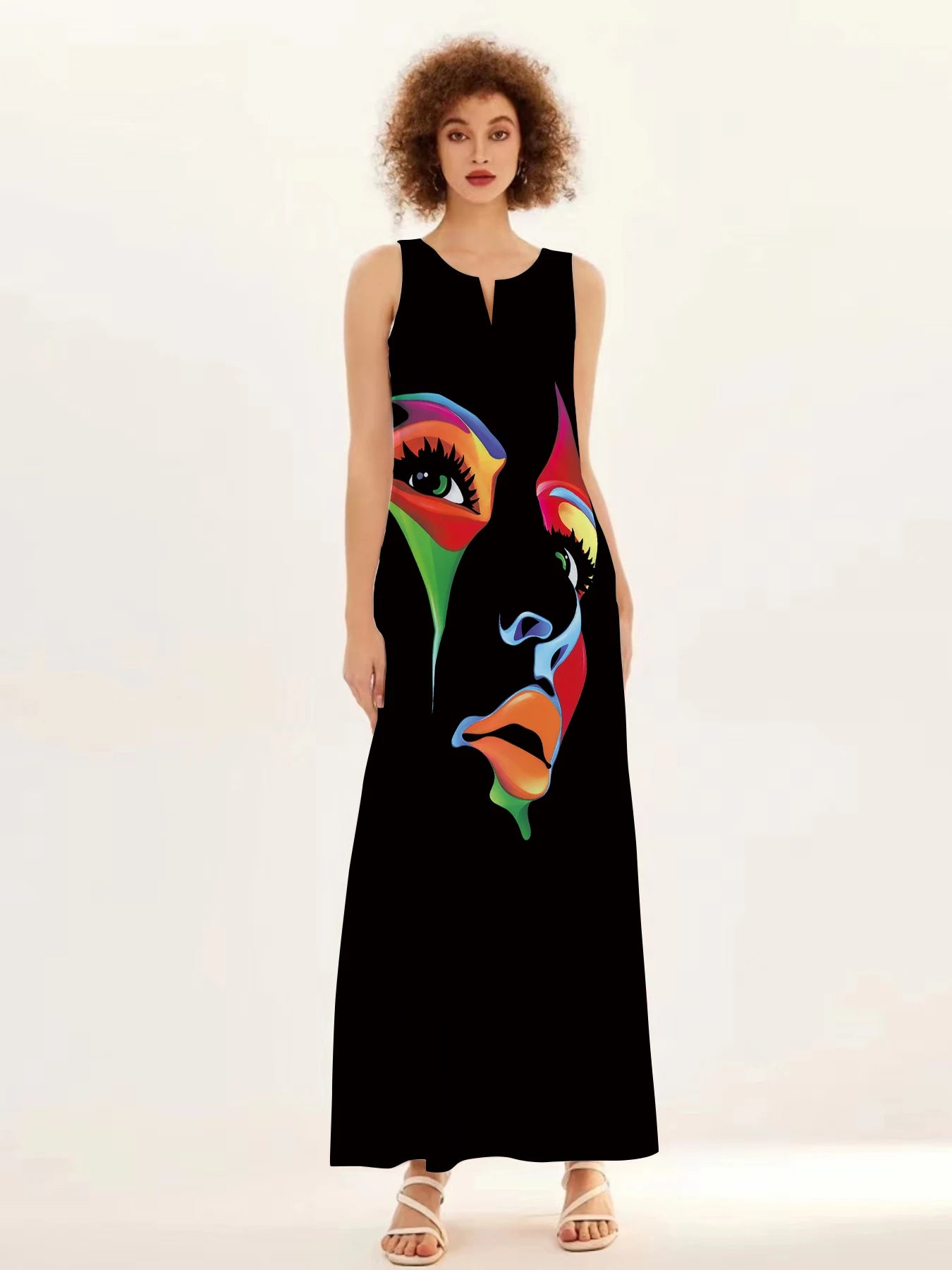 Mask printing Dress Sexy Sleeveless Dress  V-Neck  Casual  Clothing Women