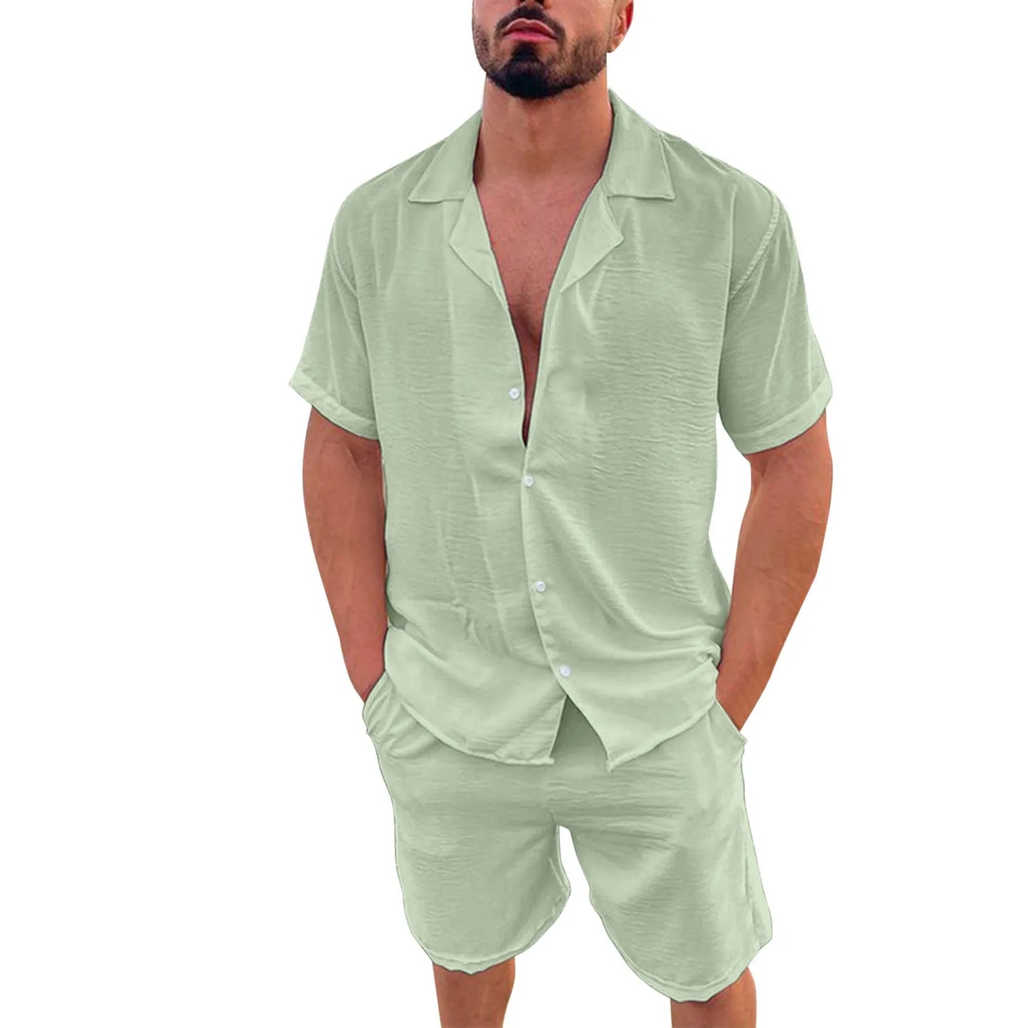 New 2024 Men's Summer Cotton Linen Sets Solid Short Sleeve Lapel Shirts and Shorts Sets Man Hawaiian Beach Holiday Clothing Sets