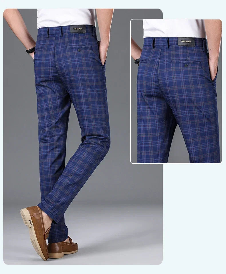 2024 Summer Classic Simple Straight Casual Pants for Men Personalized Checkered Versatile Stretch Business Casual Slim Trousers