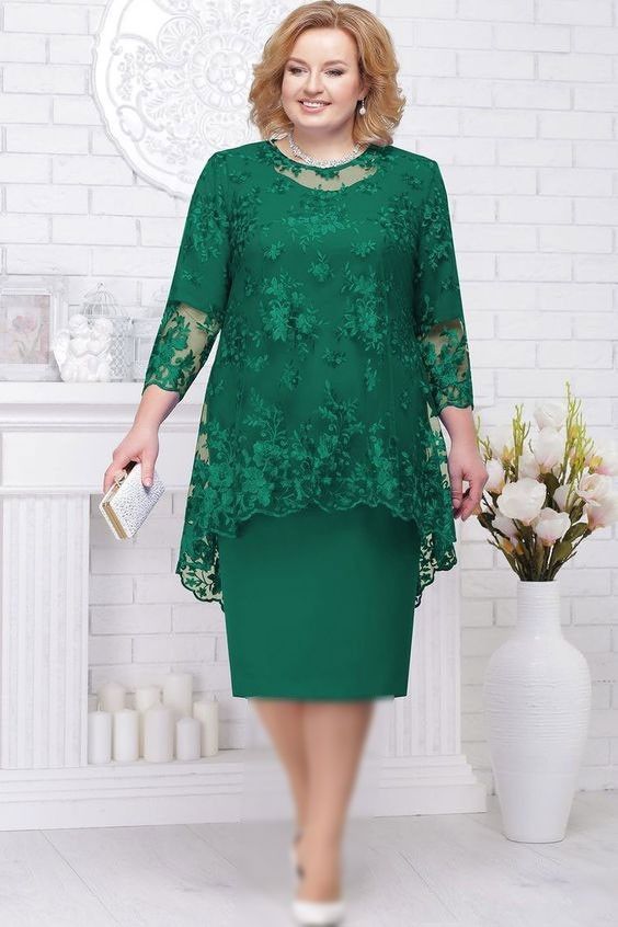 FSMG Plus Size Women Evening Gown Dress, Fashion Solid Color Round Neck High Waist Lace Embroidery Two-piece Slim Fit Dress Set