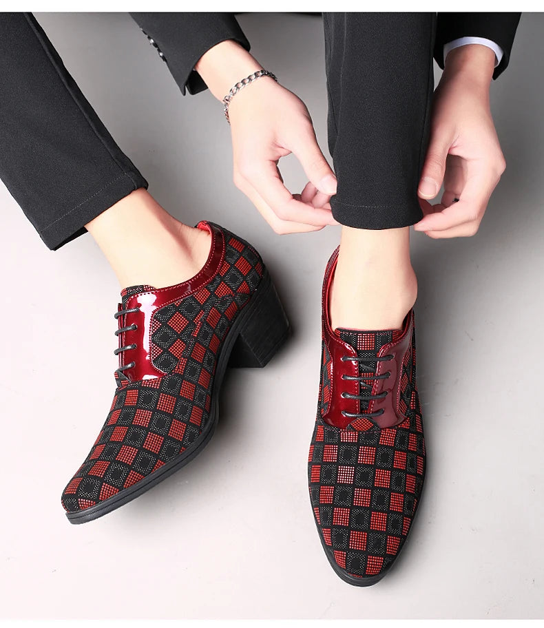 2022 New Fashion Blue Plaid Men's High Heel Shoe Pointed Leather Dress Shoes Men Lace-up Wedding Shoes Men zapatos hombre vestir