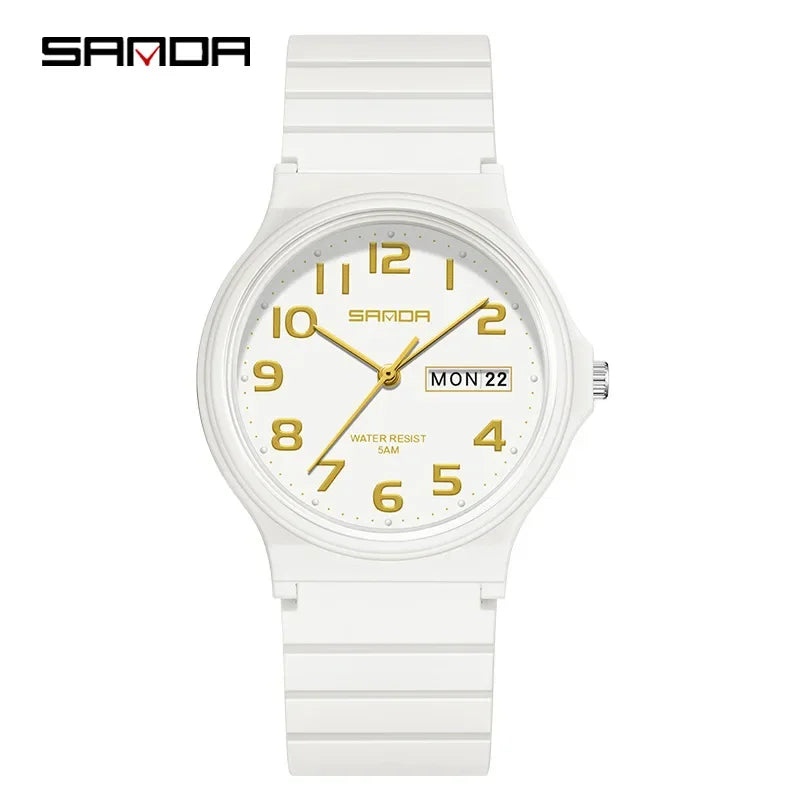 SANDA 9072 White Watches New Design Soft TPU Strap Water Resistant Quartz Movement Outdoor Sports Analog Wrist Watch for Student