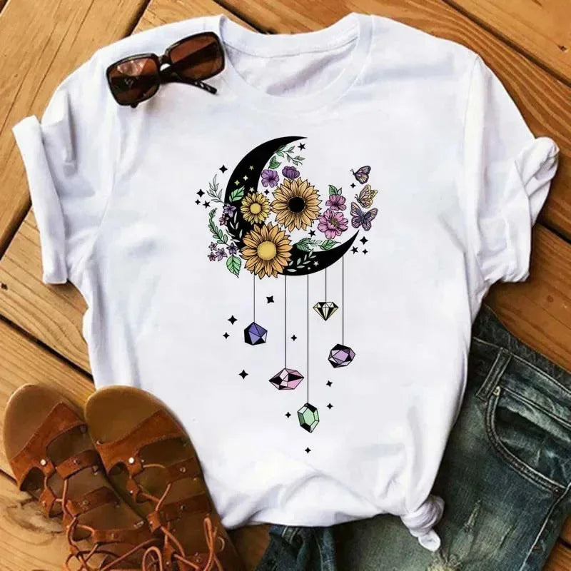 COTTON 100% Casual Cute Sunflower Butterfly Print T-shirt Comfortable Women's Black Top Oversized T Shirt  Graphic Tshirts