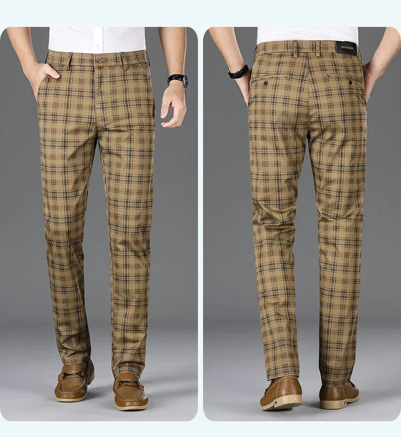 2024 Summer Classic Simple Straight Casual Pants for Men Personalized Checkered Versatile Stretch Business Casual Slim Trousers