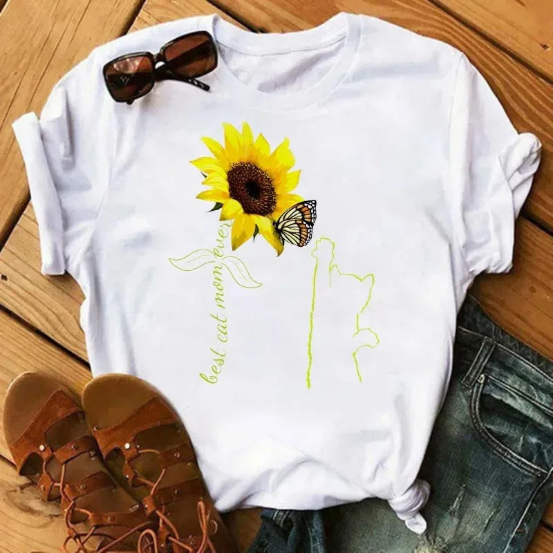 COTTON 100% Casual Cute Sunflower Butterfly Print T-shirt Comfortable Women's Black Top Oversized T Shirt  Graphic Tshirts