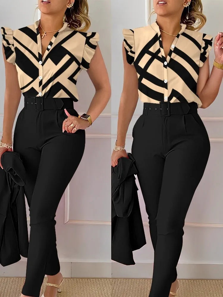 Women Slim Two-Piece Sets Summer Elegant Fashion Print V Neck Button Flying Sleeve Shirt Top & Solid Long Pants Suits With Belt