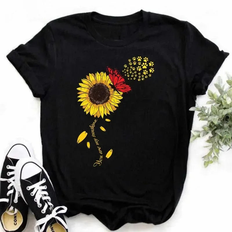 COTTON 100% Casual Cute Sunflower Butterfly Print T-shirt Comfortable Women's Black Top Oversized T Shirt  Graphic Tshirts