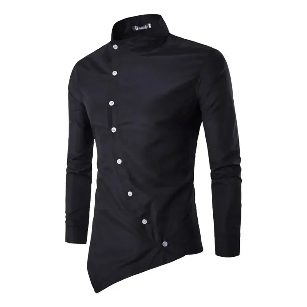 Mens Shirts Stand Collar Dress Chemise Formal Slim Fit Long Sleeve Irregular Hem Blouse Social Camisa Business Office Apparel