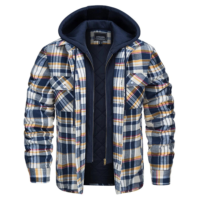 MAGCOMSEN Men's Flannel Shirt Jacket with Removable Hood Plaid Quilted Lined Casual Outerwear Winter Thermal Windbreaker Jackets