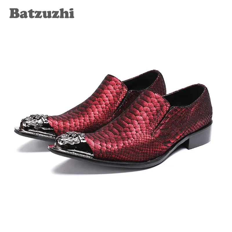 Batzuzhi Italy Brand New Men Leather Shoes Pointed Metal Toe Snakeskin Leather Red Men Wedding Dress Shoes Business and Party!