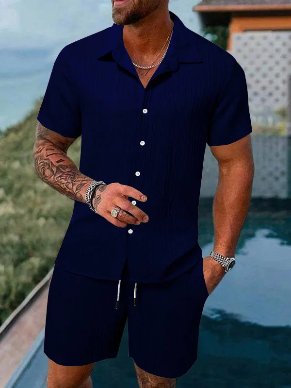 2024 Men's Fashion Summer New Style Casual Solid Color Stripe Suit Male High-Quality Two-Piece Set US Size