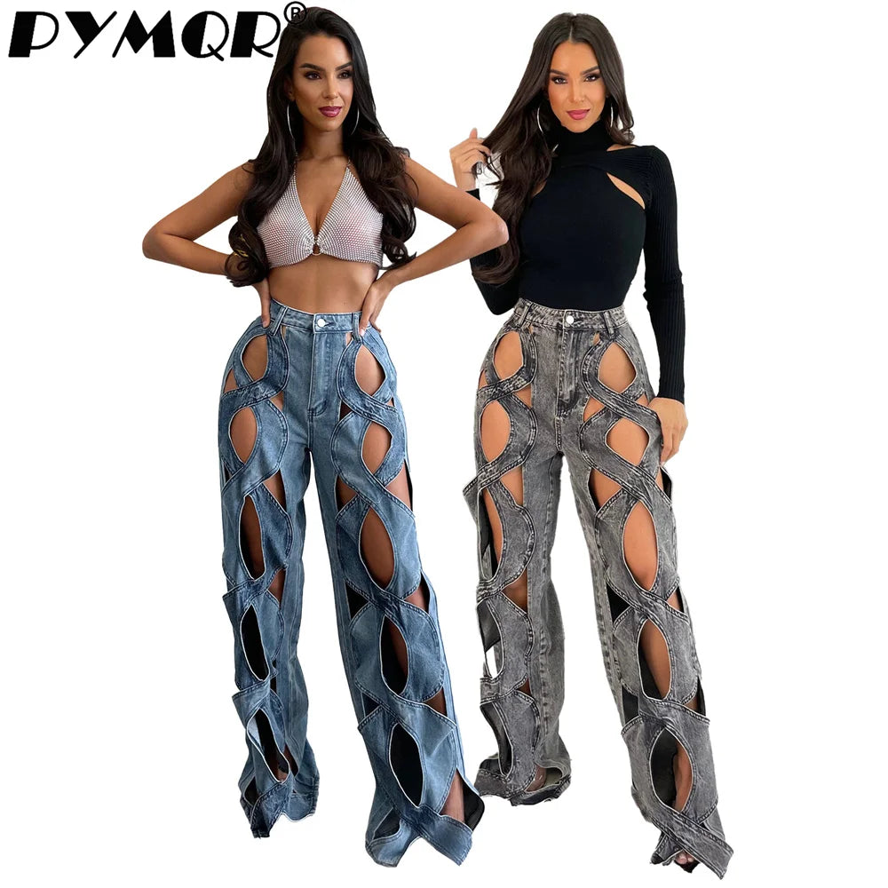 PYMQR New Elastic  Hollow Out Slightly Flared Buttocks Sexy Baggy Jeans High Wiast 2023 Antumn Y2K Streetwear Pants Female Cloth