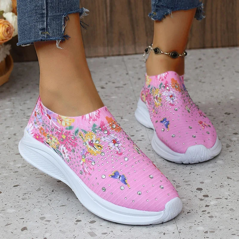 Women's floral print sports shoes, women's sparkling crystal breathable walking shoes, plus size 43