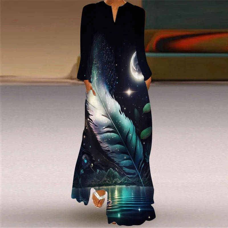 Long- Sleeved Thin Summer Dress Women Loose V-neck Elegant Dresses Party 2024 New Ink Painting 3D Print Glitzy Loose Style Dress