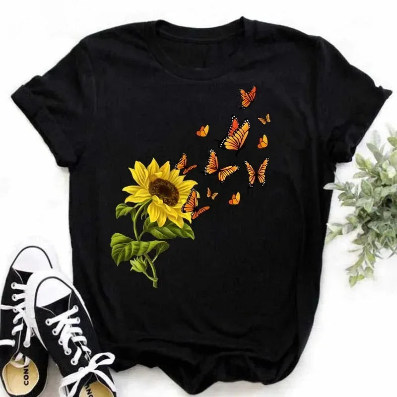 COTTON 100% Casual Cute Sunflower Butterfly Print T-shirt Comfortable Women's Black Top Oversized T Shirt  Graphic Tshirts