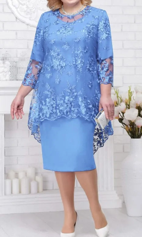 FSMG Plus Size Women Evening Gown Dress, Fashion Solid Color Round Neck High Waist Lace Embroidery Two-piece Slim Fit Dress Set